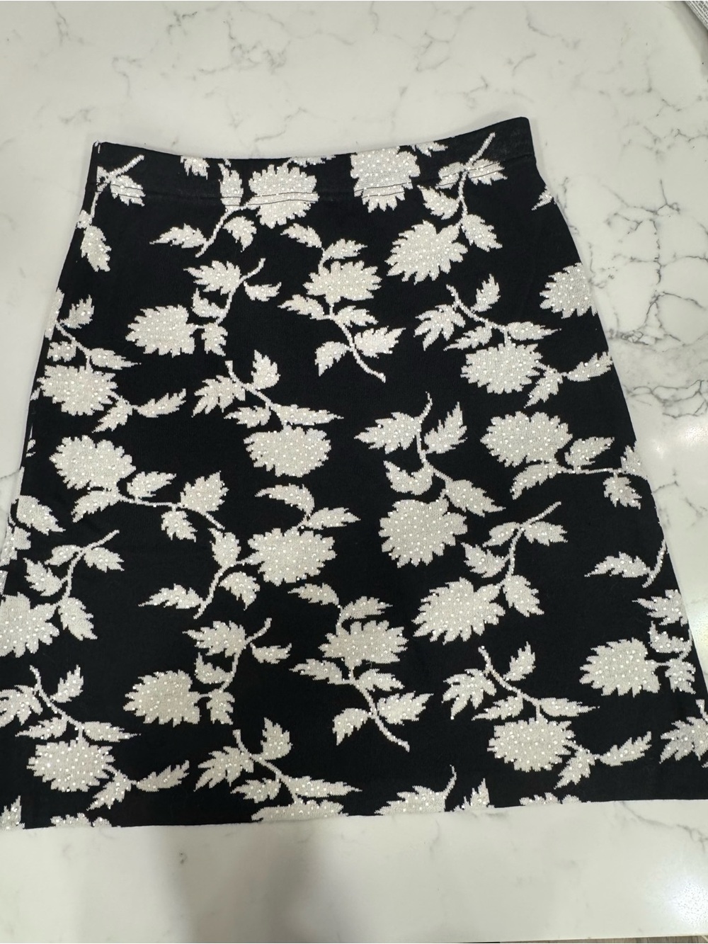 St. John Black A-Line Skirt with Off White Floral Pattern and Paillettes